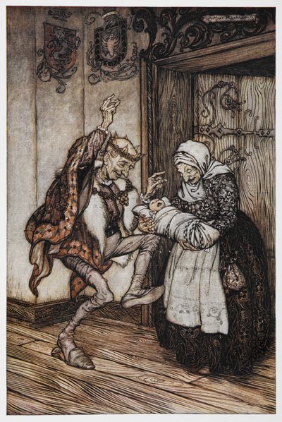 Illustrazione da Rosaspina di un re e una regina anziani e il loro bambino da Arthur Rackham