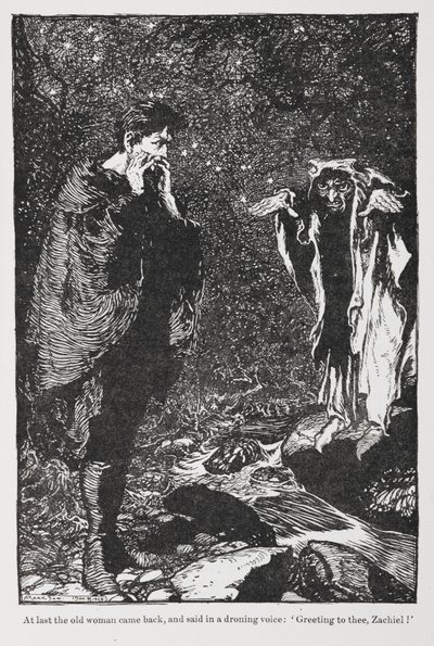 Illustrazione da Jorinda e Joringel di Zachiel e la vecchia donna da Arthur Rackham