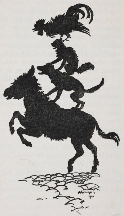 Illustrazione dei Musicanti di Brema di un asino, cane, gatto e gallo da Arthur Rackham