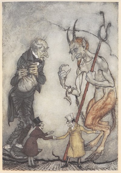 Illustrazione di Scrooge e il diavolo con due piccoli uomini sotto di loro da Arthur Rackham