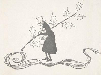 Illustrazione di Scrooge, raffigurato con un ramoscello di agrifoglio, che stringe una borsa di denaro e sembra arrabbiato da Arthur Rackham