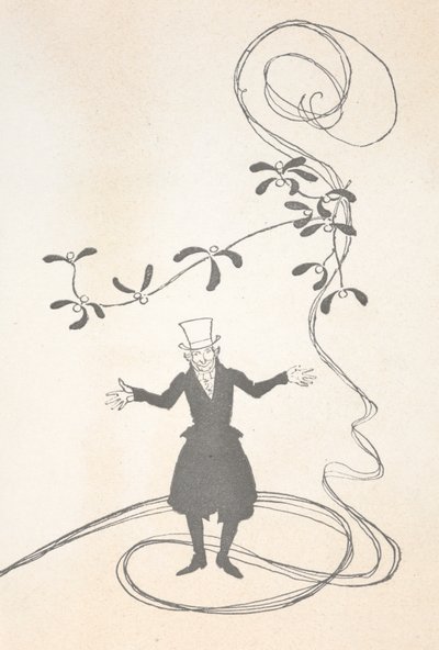 Illustrazione di Scrooge, raffigurato con un ramoscello di vischio, che sembra felice da Arthur Rackham