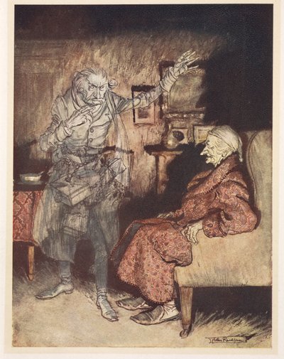 Illustrazione di Scrooge con il Fantasma del Natale Passato da Arthur Rackham