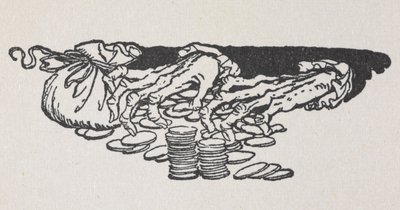 Illustrazione delle mani di Scrooge che contano denaro da Arthur Rackham