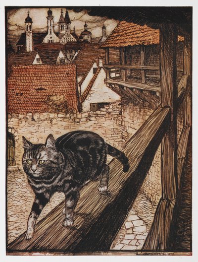 Illustrazione di un gatto che cammina lungo una recinzione da Il Gatto e il Topo in Società da Arthur Rackham