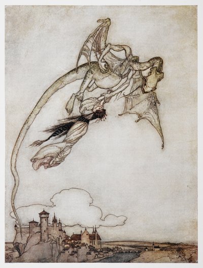 Illustrazione di un drago che rapisce la principessa da I quattro fratelli ingegnosi da Arthur Rackham