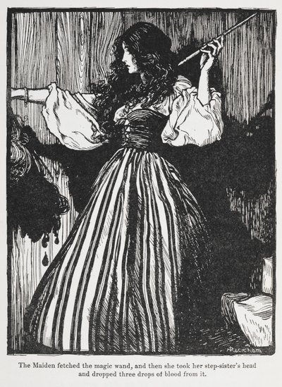 Illustrazione di una ragazza in un vestito a righe da Roland il Caro da Arthur Rackham