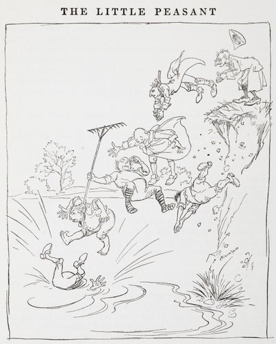 Illustrazione di uomini che saltano da una scogliera in uno stagno da I piccoli contadini da Arthur Rackham