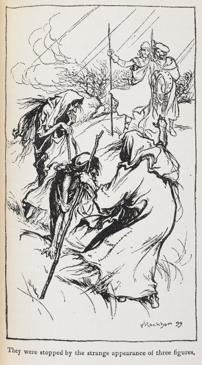 Illustrazione delle tre streghe, Macbeth e Banquo da Arthur Rackham