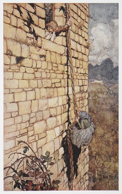 Illustrazione della strega che sale sui capelli di Raperonzolo da Arthur Rackham