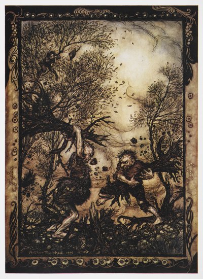 Illustrazione di due giganti che combattono con alberi da Il Sarto Valoroso da Arthur Rackham