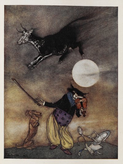 Illustrazione di una filastrocca. Una mucca che salta sopra la Luna. Un gatto che suona un violino. Un cane. Un piatto che scappa con un cucchiaio. da Arthur Rackham