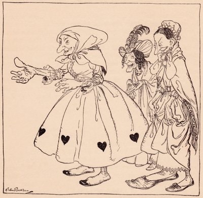 Entrarono le tre donne vestite nel modo più strano. Illustrazione di Arthur Rackham dalla fiaba dei Grimm, Le Tre Filatrici. da Arthur Rackham