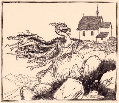 Non passò molto tempo prima che il drago a sette teste arrivasse, ruggendo forte. Illustrazione di Arthur Rackham da Fiaba dei Grimm, I due fratelli. da Arthur Rackham