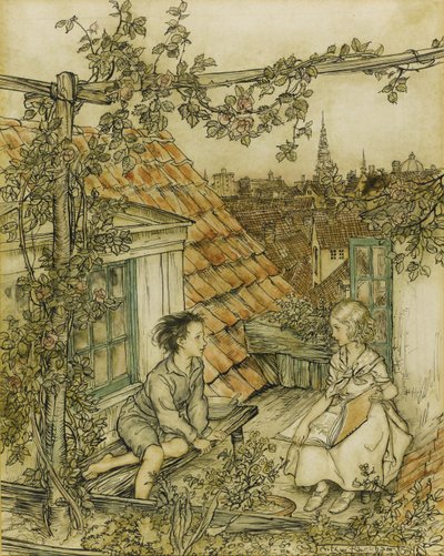 Kay e Gerda nel loro giardino in alto sul tetto. Illustrazione per la fiaba della Regina delle Nevi da Arthur Rackham