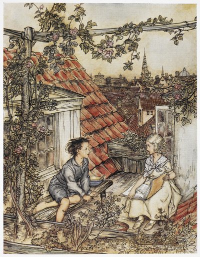 Kay e Gerda nel loro giardino in alto sul tetto. Due bambini seduti sul tetto di una casa. Illustrazione per 