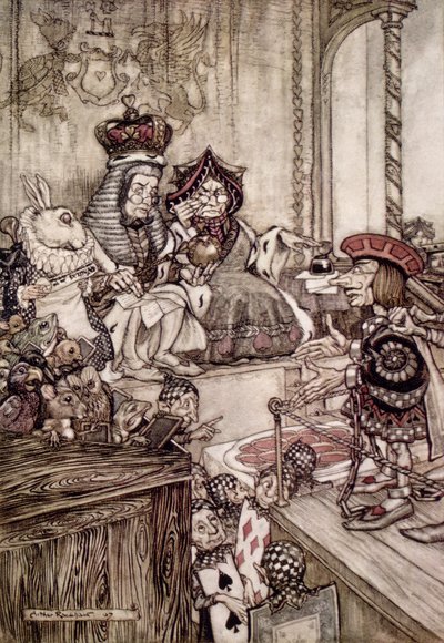 Il fante davanti al Re e alla Regina di Cuori, illustrazione per 