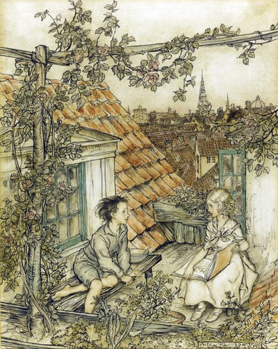 La Regina delle nevi - Kay e Gerda nel loro giardino in cima al tetto. Illustrazione per la fiaba della Regina delle Nevi da Arthur Rackham