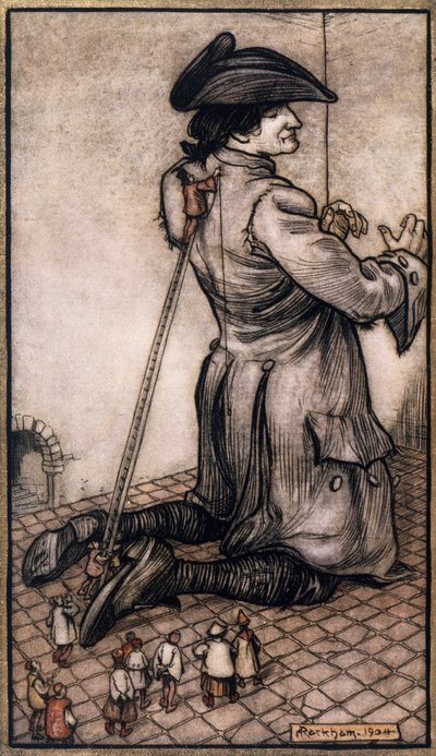 Sarti lillipuziani misurano Gulliver per fargli un nuovo vestito, illustrazione di Arthur Rackham (1867-1939) da I viaggi di Gulliver di Jonathan Swift (Dublino) da Arthur Rackham
