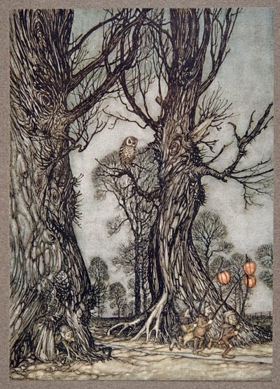 Linkmen che corrono davanti portando ciliegie invernali, da Peter Pan nei Giardini di Kensington di J M Barrie (1860 - 1937), pub. 1906 da Arthur Rackham