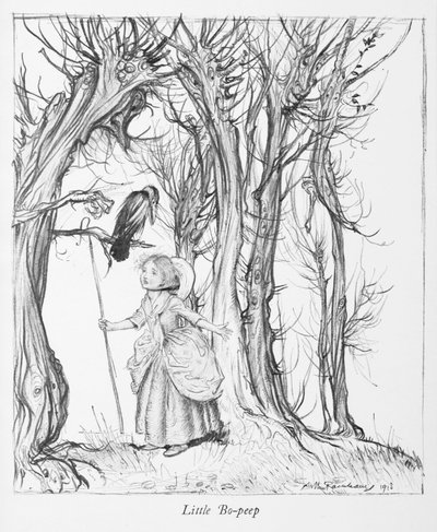 Piccola Bo-peep in un bosco con un uccello da Arthur Rackham