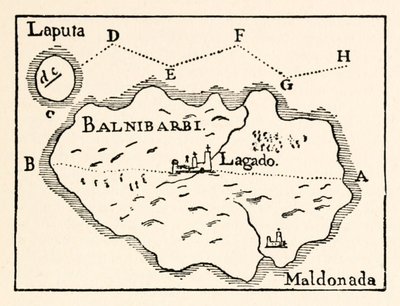 Mappa di Laputa (isola volante in alto a destra) e Balnibarbii (porto principale Maldonada) dalla Parte III: Un viaggio a Laputa, Balnibarbi, Luggnagg, Glubbdubdrib e Giappone nei Viaggi di Gulliver di Jonathan Swift da Arthur Rackham