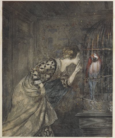 May Colvin e un pappagallo in una gabbia da Arthur Rackham