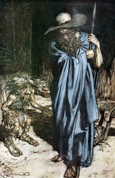 Mimo e il Viandante. Illustrazione per Sigfrido e Il Crepuscolo degli Dei di Richard Wagner da Arthur Rackham