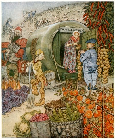 Mr e Mrs Vinegar a casa, Frontespizio da Fiabe inglesi, pub. 1918 (litografia a colori) da Arthur Rackham