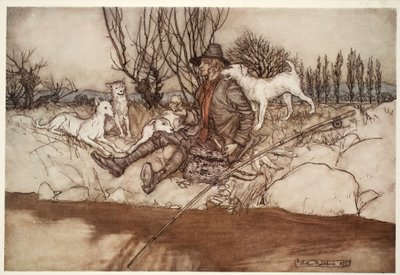 Nessun cane avrebbe abbaiato contro di lui in tutto il vicinato, da Rip Van Winkle di Washington Irving, pub. 1910 da Arthur Rackham