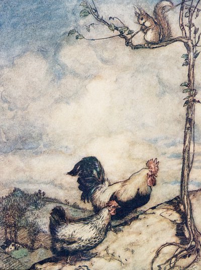 Ora saliremo sulla collina e faremo una bella festa prima che lo scoiattolo porti via tutte le noci, da Le fiabe dei fratelli Grimm, pub. 1909 da Arthur Rackham