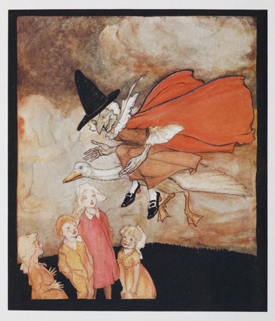 Vecchia Madre Oca, che vola sopra alcuni bambini con un mantello rosso e un cappello nero da Arthur Rackham