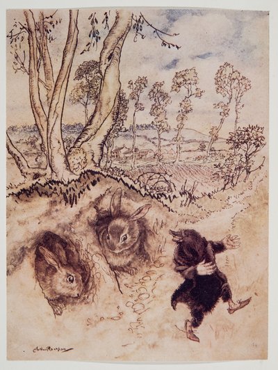 Salsa di cipolle! Salsa di cipolle! osservò beffardamente, e se ne andò prima che potessero pensare a una risposta, da Il vento nei salici di Kenneth Grahame, pub. 1940 da Arthur Rackham
