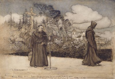 Padre Alonzo lo osservò fino a scomparire, illustrazione da Buonanotte di Eleanor Gates, 1907 da Arthur Rackham