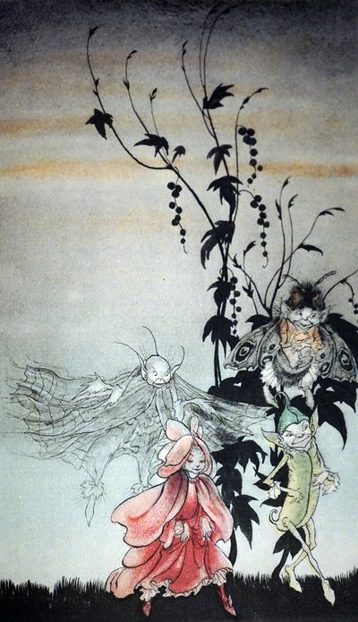 Peaseblossom, Cobweb, Moth, Mustardseed, le fate che assistono Titania in Sogno di una notte di mezza estate di Arthur Rackham da Arthur Rackham
