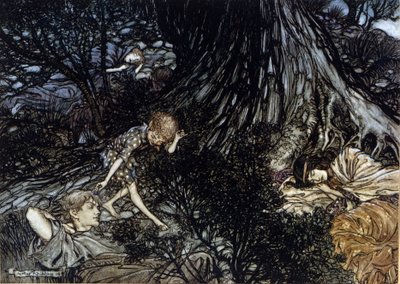 Puck applica un filtro magico sulle palpebre dei personaggi addormentati. Illustrazione di Arthur Rackham per Il sogno di una notte di mezza estate di William Shakespeare da Arthur Rackham