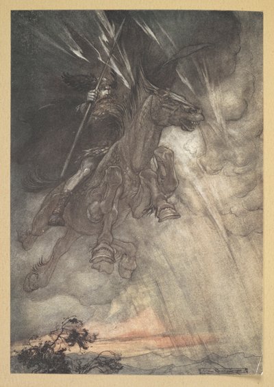 "Furioso, Wotan cavalca verso la Roccia! Come un vento tempestoso arriva!" da Arthur Rackham