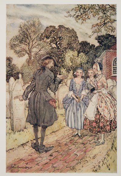 Recitando per il loro divertimento tutte le epigrafi sulle lapidi, da La leggenda di Sleepy Hollow di Washington Irving (1783 - 1859), pub. 1928 da Arthur Rackham