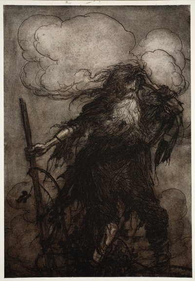 Rip si sveglia. Sicuramente, pensò, non ho dormito qui tutta la notte? Oh! Quel boccale! Quel malvagio boccale! Che scusa darò a Dame Van Winkle? da Rip Van Winkle di Washington Irving, pub. 1910 da Arthur Rackham
