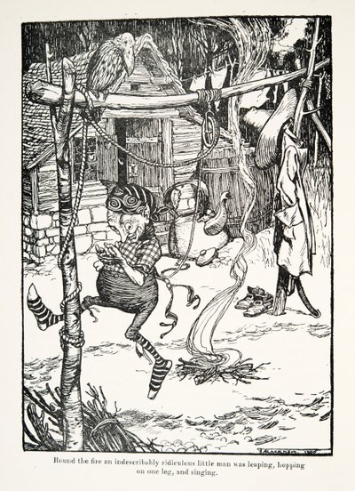 Intorno al fuoco un omino indescrivibilmente ridicolo saltava su una gamba e cantava, da Le fiabe dei fratelli Grimm, pub. 1909 da Arthur Rackham