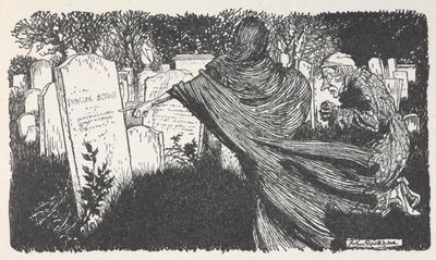 Scrooge e un fantasma in un cimitero di notte da Arthur Rackham