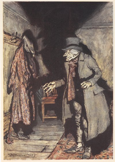 Scrooge nella sua casa di notte da Arthur Rackham