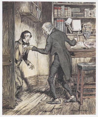 Scrooge che scrive nel suo ufficio mentre un altro uomo entra da Arthur Rackham