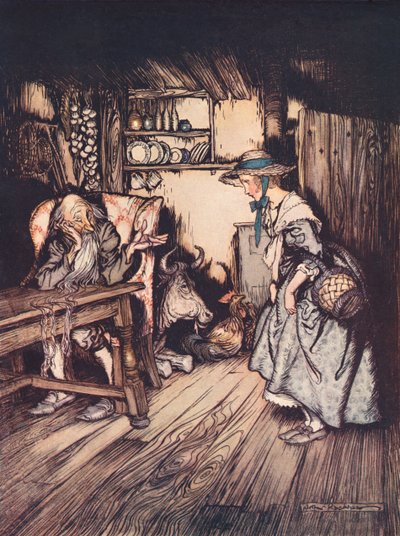 Chiese piuttosto graziosamente di essere lasciata passare la notte lì. Illustrazione di Arthur Rackham da 