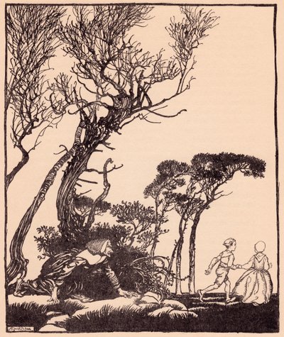 Si insinuò dietro di loro segretamente, come fanno le streghe. Illustrazione di Arthur Rackham da Fiaba dei Grimm Fratellino e Sorellina. da Arthur Rackham