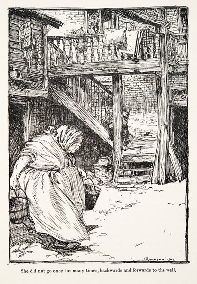 Non andò una volta sola ma molte volte, avanti e indietro al pozzo, da Le fiabe dei fratelli Grimm, pub. 1909 da Arthur Rackham