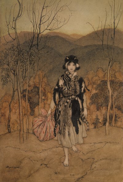 Andava avanti, e andava avanti, e andava avanti vestita di pelle di gatto, illustrazione da Fiabe inglesi raccontate da F.A. Steel, pubblicato nel 1918 da Arthur Rackham