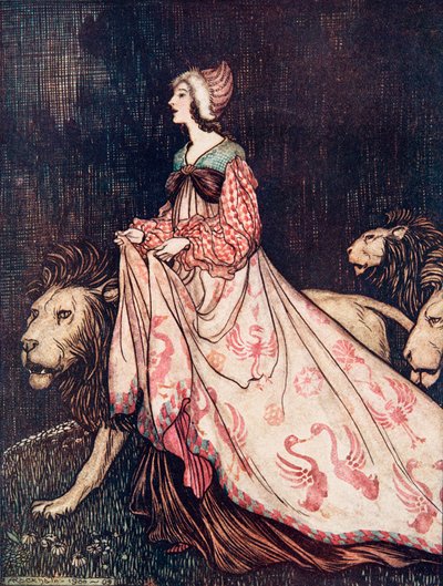 Se ne andò accompagnata dai leoni, da Le fiabe dei fratelli Grimm, pub. 1909 da Arthur Rackham