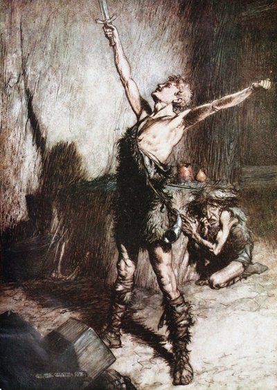 Sigfrido forgia la sua spada. Illustrazione per Sigfrido e il crepuscolo degli dei di Richard Wagner da Arthur Rackham
