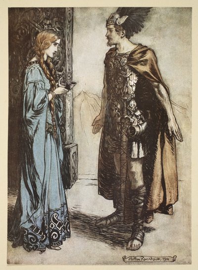Sigfrido restituisce il corno da bere a Gutrune e la guarda con passione improvvisa, illustrazione da 